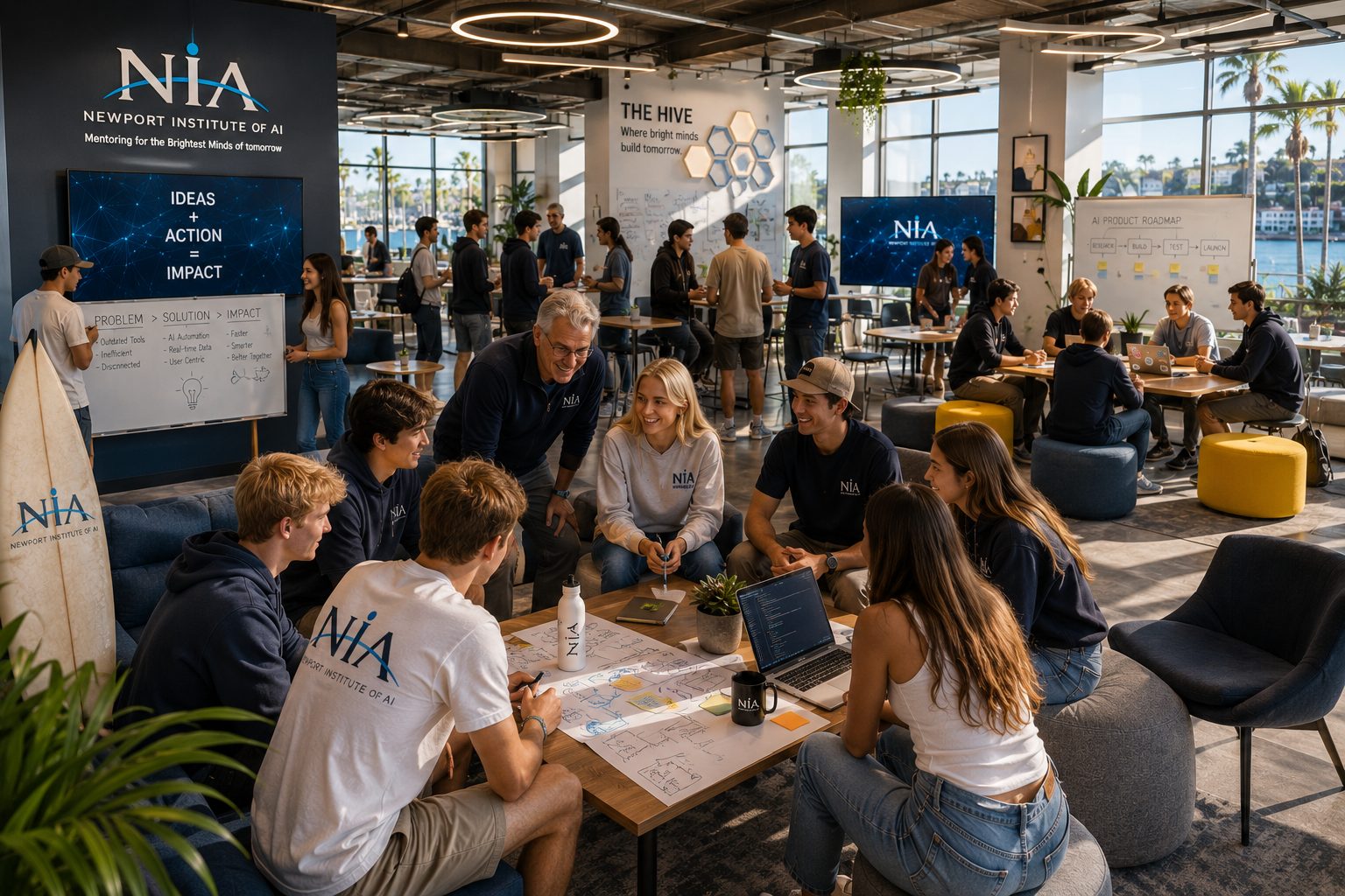 The Hive Agentic AI Lab — students at computers with Newport Harbor view