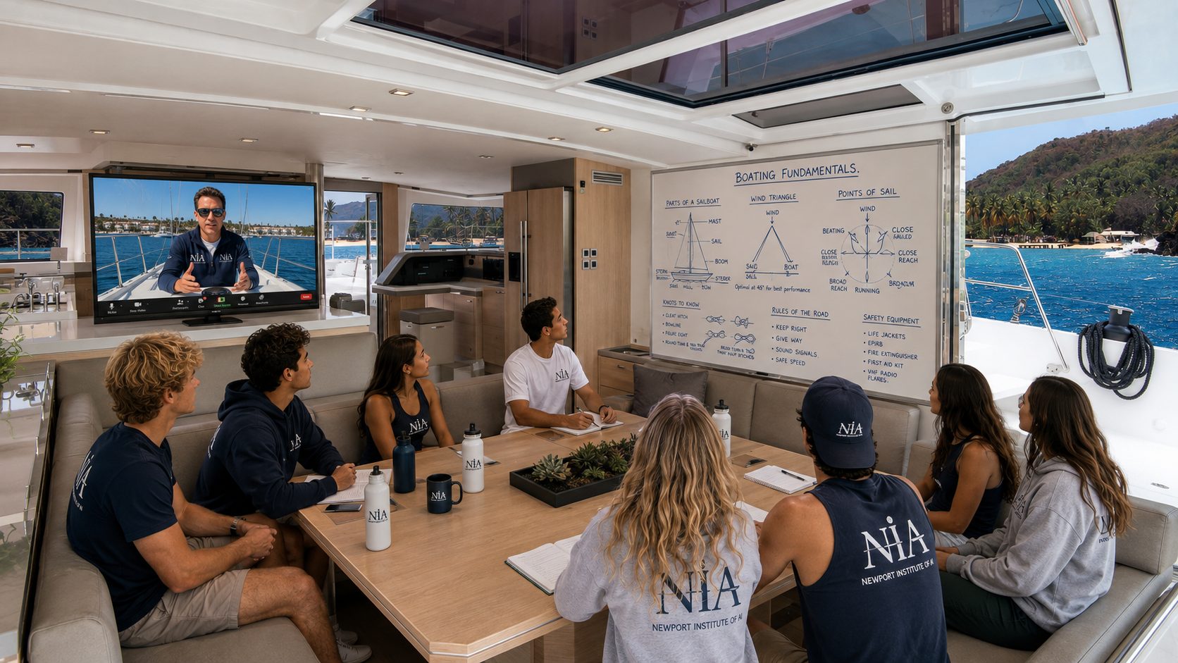 NIA boating lesson — Fellows learning sailing fundamentals aboard a catamaran